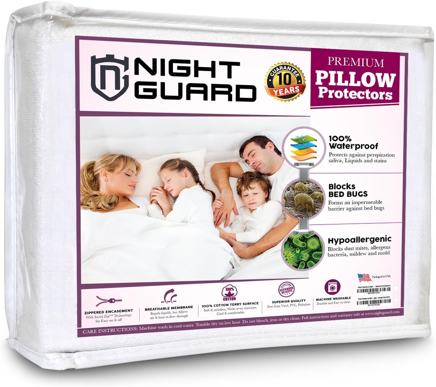 Night Guard Pillow Protectors (Set of 2) - Waterproof - Premium Zippered Cotton Terry Covers - 130gsm (Standard)
