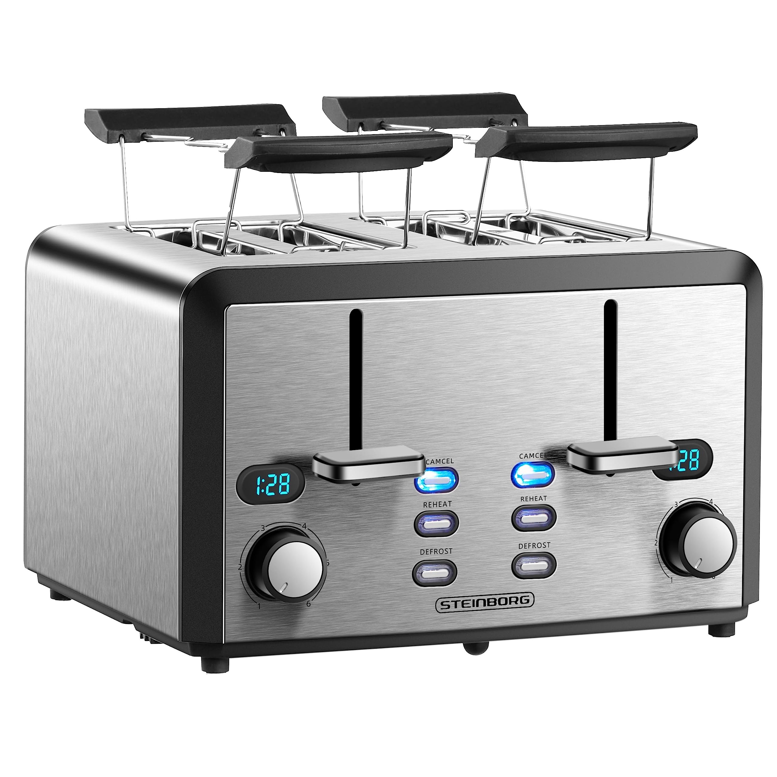 XXL Toaster 4 Toastschlitze | Toastautomat | 1600 Watt | 6-Stufen Bräuneregler | 2x Brötchenaufsatz | Auftau-Funktion | 2x Krümelschubladen | Edelstahl | 4-Fach | LED Displays