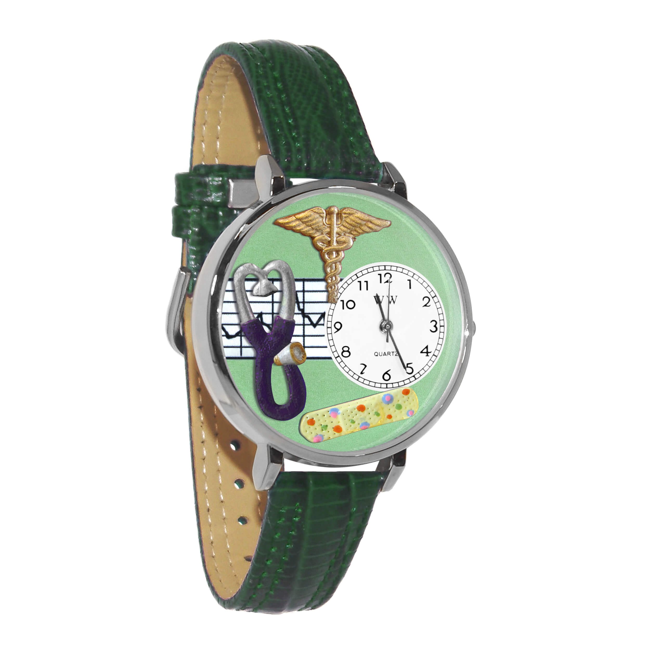 Whimsical Watches Nurse 2 Green in Silver Women's Quartz Watch with White Dial Analogue Display and Green Leather Strap U-0620056