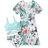 Oranchids Girls Swimsuit 3 Piece Tropical Print Bikini Set Criss Cross Bathing Suit with Drawstring Quick Dry Cover Up 7-16Y