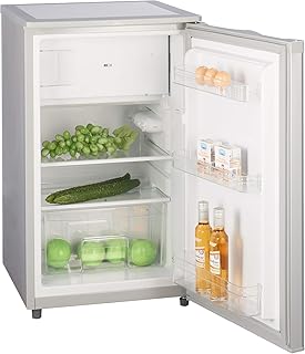 Kühlschrank mit Gefrierfach A++ (90 Liter) 4-Sterne-Gefrierfach, LED-Innenbeleuchtung, Abtauautomatik, Glasablagen, Gemüsefach, Türablagen, Silber