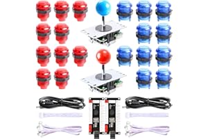 Hikig New Updated Version 2-Player DIY Kit - 2X Zero Delay LED USB Encoder + 2X Arcade Joystick + 20 LED Arcade Buttons for MAME, PC, Windows, Raspberry Pi, Arcade1Up (Red & Blue Kit)