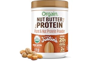 Orgain X Justin's ® Organic Vegan Nut Butter Protein Powder, Peanut Butter- 20g Plant Protein, 2g Sugar, Gluten Free, No Dairy, Soy Ingredients, or Artificial Flavors, 1.17 lb