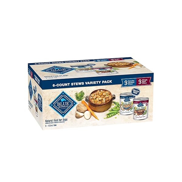 BLUE BUFFALO BLUE’S STEW NATURAL WET DOG FOOD, MADE WITH NATURAL INGREDIENTS, HEARTY BEEF AND COUNTRY CHICKEN VARIETY PACK, 12.5-OZ CANS, 6 COUNT