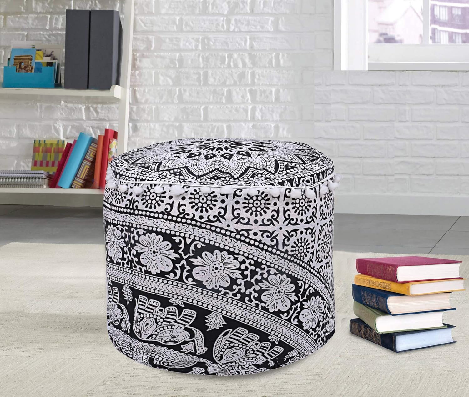 Indischer Pouf Ottoman Bezug, indischer Mandala-Bodenhocker, Boho