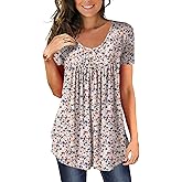 BeadChica Women's Tunic Tops For Leggings Short Sleeve Shirts Botton Up Casual Ruched Blouses Clothing Floral-M