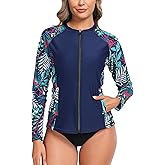 Halcurt Women's Full Zip Long Sleeve Rash Guard Swim Top with Pockets UPF50+ Quick Dry Swimsuit