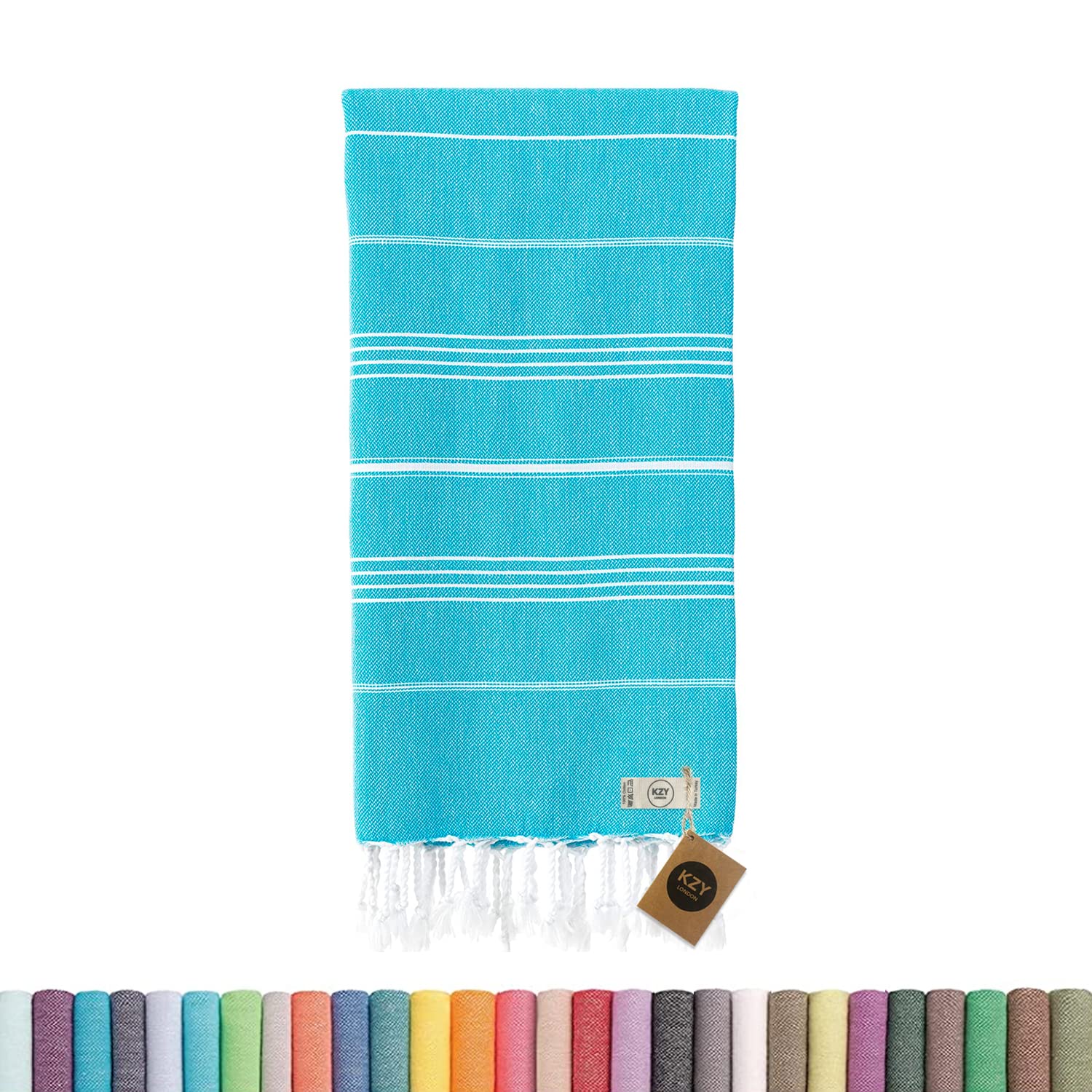 KZY LONDON Beach Towel - Large Turkish Beach Towels for Camping, Swimming, Bath, Gym, Picnic - Quick Dry, Super Absorbent, Lightweight, Compact Cotton Hammam Towels for Adults, Men, Kids (Turquoise)