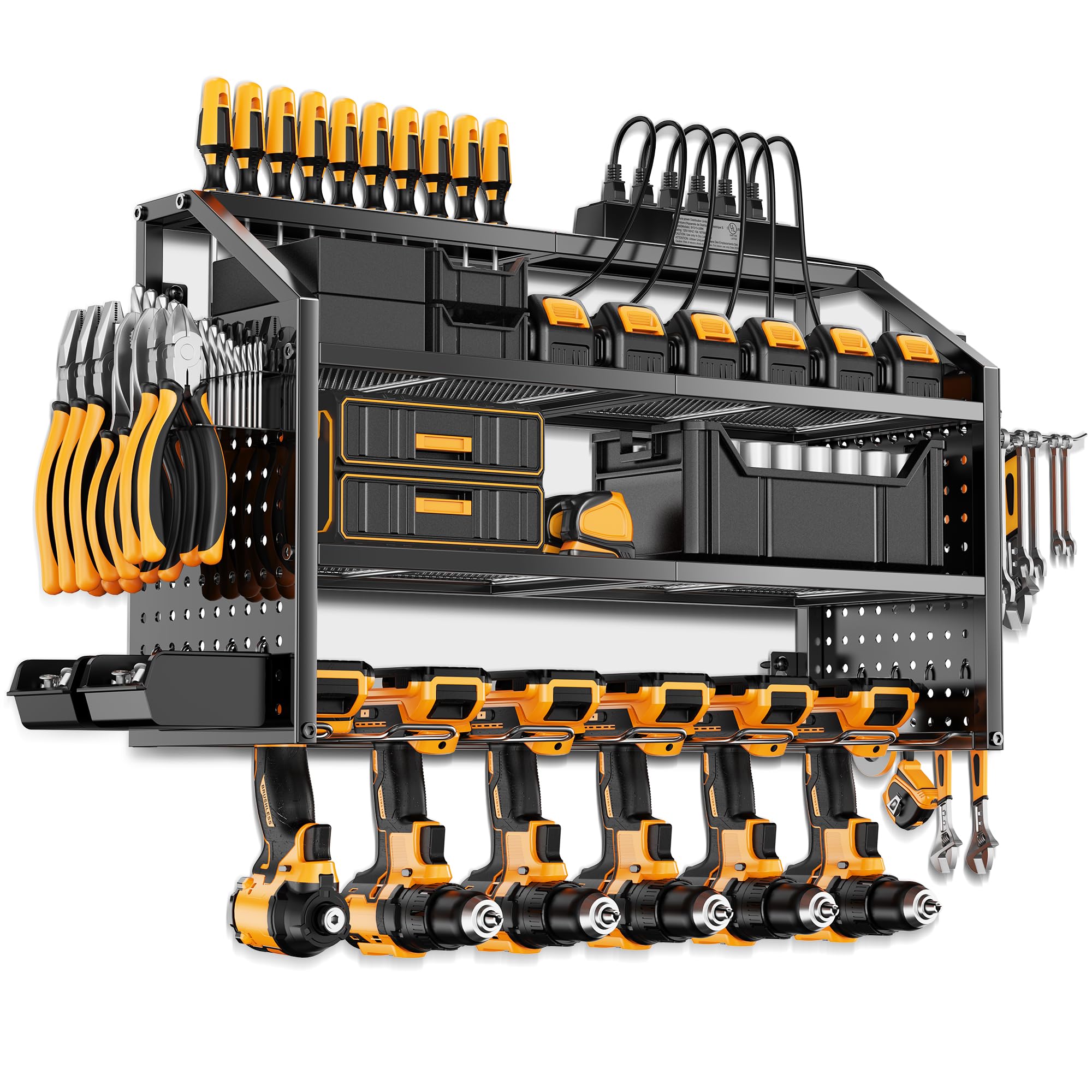 Photo 1 of LBT Power Tool Organizer Wall Mount with Charging Station. Patented, Heavy Duty Steel, Garage 6 Drill Storage Shelf, 8 Hooks,2 Screw Boxes,6 Outlets Power Strip, Power Tool Storage Rack, Gifts for Men
