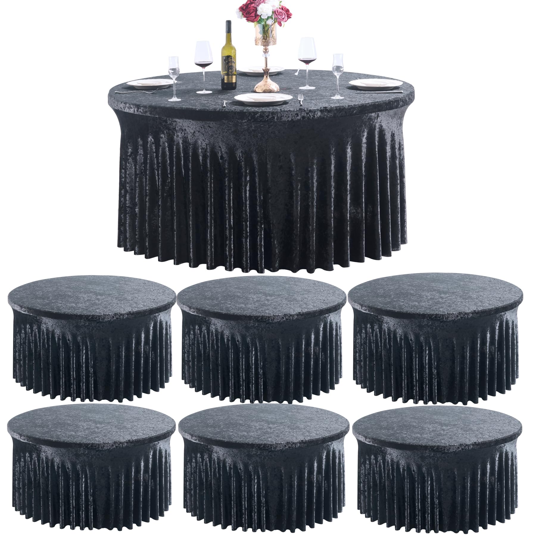 Photo 1 of Outpain 6Pack 60 Inch Round Velvet Tablecloths - 120 Inch Stretch Spandex Table Cover with Floor-Length Skirt, Wrinkle-Free Luxury Elastic Table Cloths for Weddings,Banquets,Events (Black)