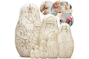 AEVVV Christmas Crafts Blank Nesting Dolls for Coloring, Set 7 pcs - Paint Your Own Matryoshka Dolls Santa, Snowman, Deer - Unpainted Russian Dolls Blank