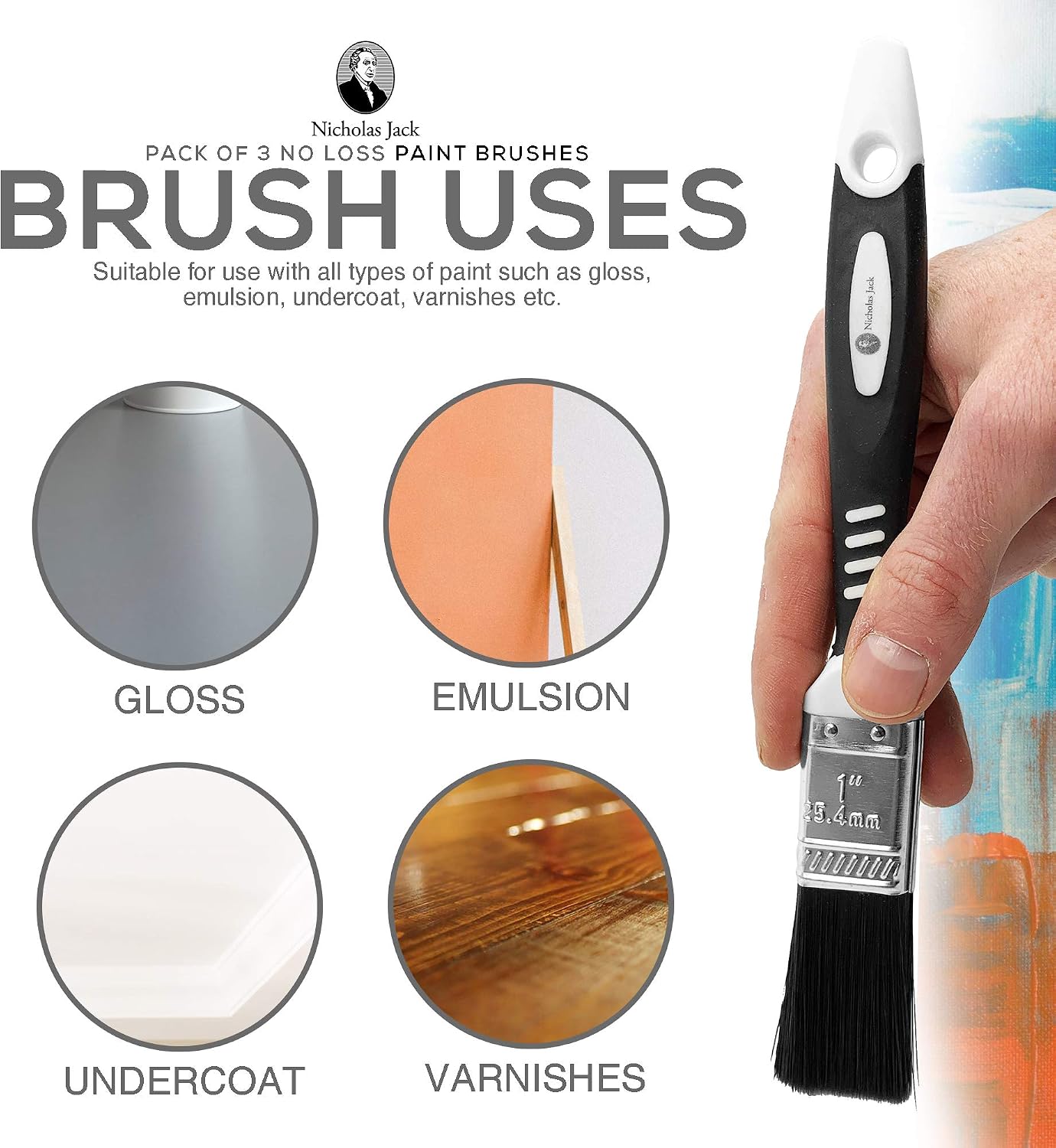 Paint Brush Set with No Bristle Loss Pack of Paint Brushes for DIY Wood Gloss Wall Furniture Indoor & Outdoor Painting - Free Decorating Guide (Set of 3 Paint Brushes) - Image 5
