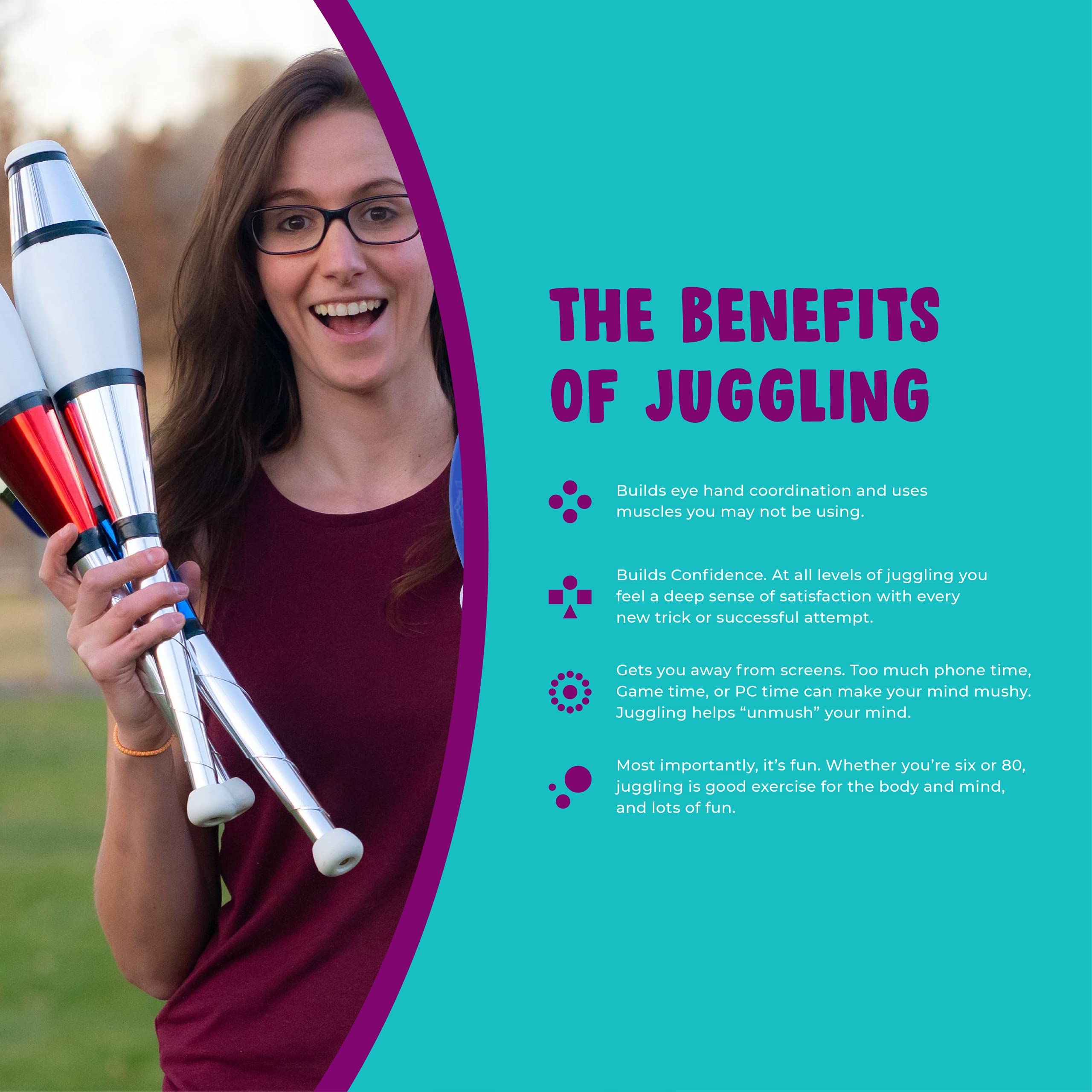 Zeekio Taylor Tries Signature Juggling Club Set with Drawstring Bag (Blue Silver Red)