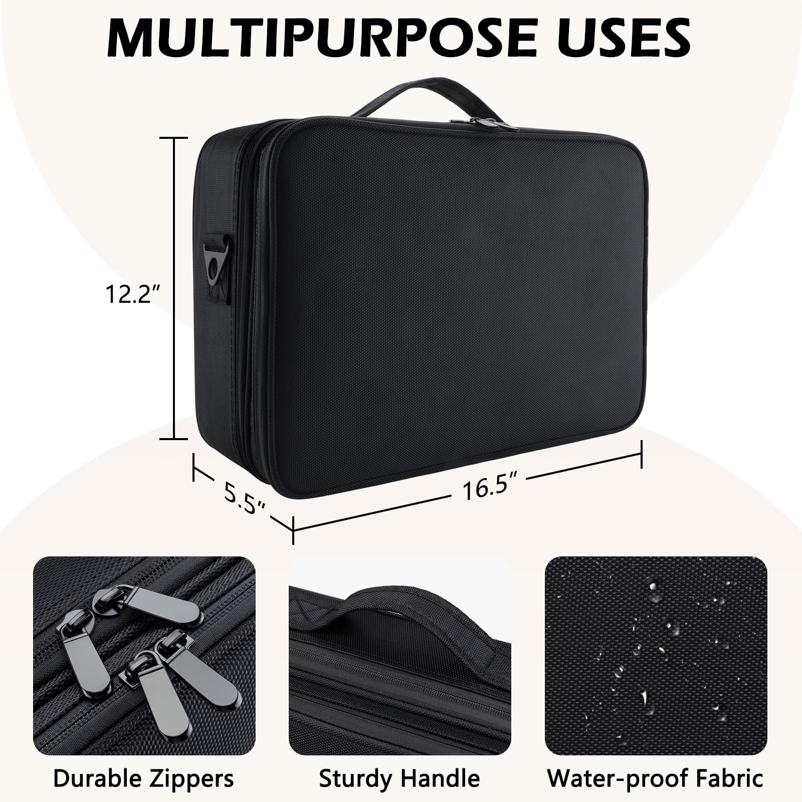 gzcz Large Capacity Travel Makeup Train Case,Professional Cosmetic Bags for Women,Portable Makeup Brush Bag Organizer Storage with Adjustable Dividers and Shoulder Strap