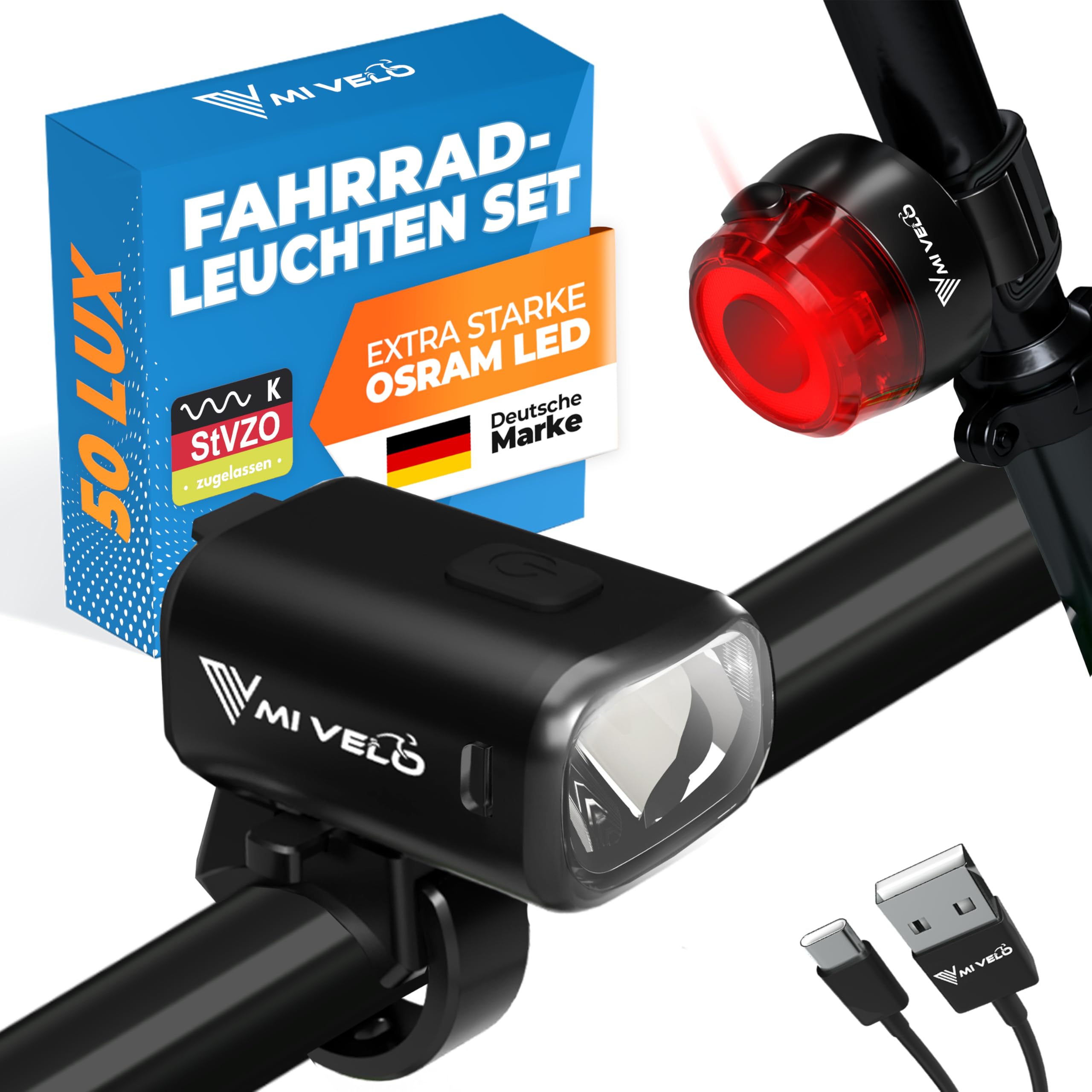 MIVELO Fahrradlicht Set mit Power-Akku, StVZO zugelassene Fahrradbeleuchtung USB aufladbar & wasserdicht, Fahrradlampe vorne & Fahrrad Rücklicht, Energieklasse A+++ (Spark ONE)