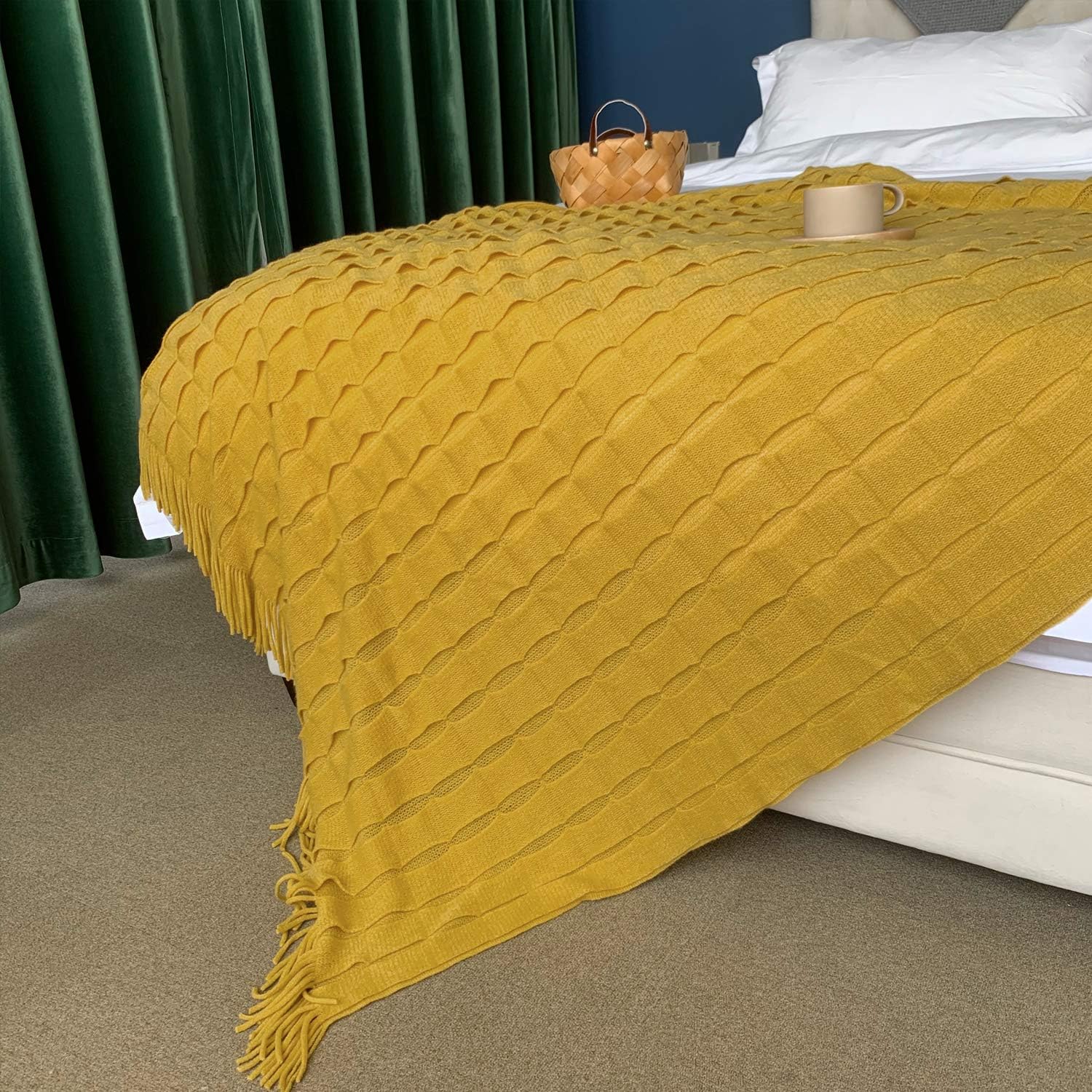 DISSA Knitted Blanket Textured Solid Super Soft Decorative Throw Blanket with Tassels Cozy Plush Lightweight Fluffy Woven Blanket for Bed Sofa Couch Living Bed Room (Mustard Yellow, 60"x80"): Home & Kitchen