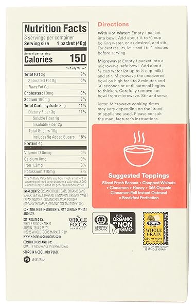 365 BY WHOLE FOODS MARKET, ORGANIC INSTANT OATMEAL, CINNAMON ROLL FLAVOR, 11.3 OUNCE