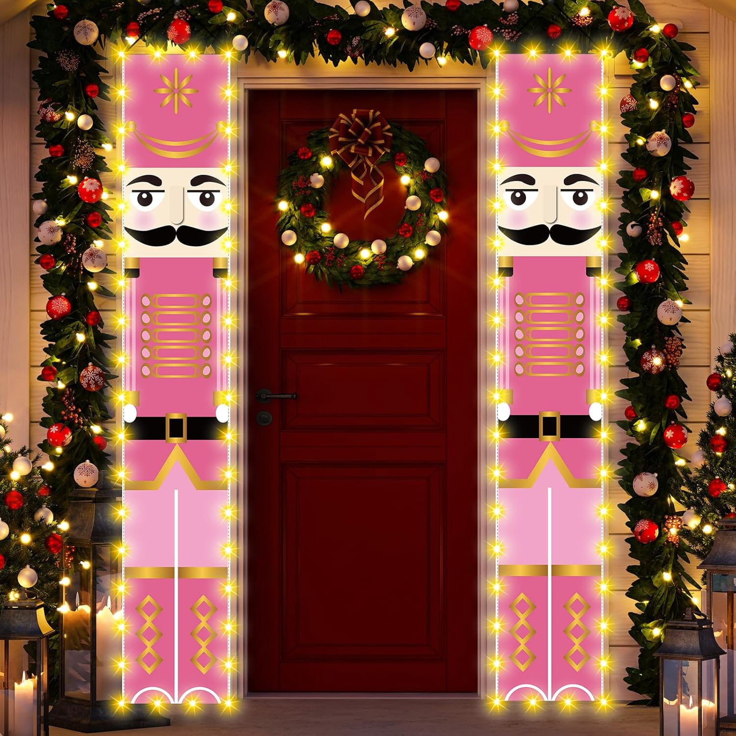 Nutcrackers - Pink Nutcracker Christmas Decorations with Lights Pink Nutcracker Porch Banner Outdoor Christmas Nutcracker Decorations and Supplies for Home Party