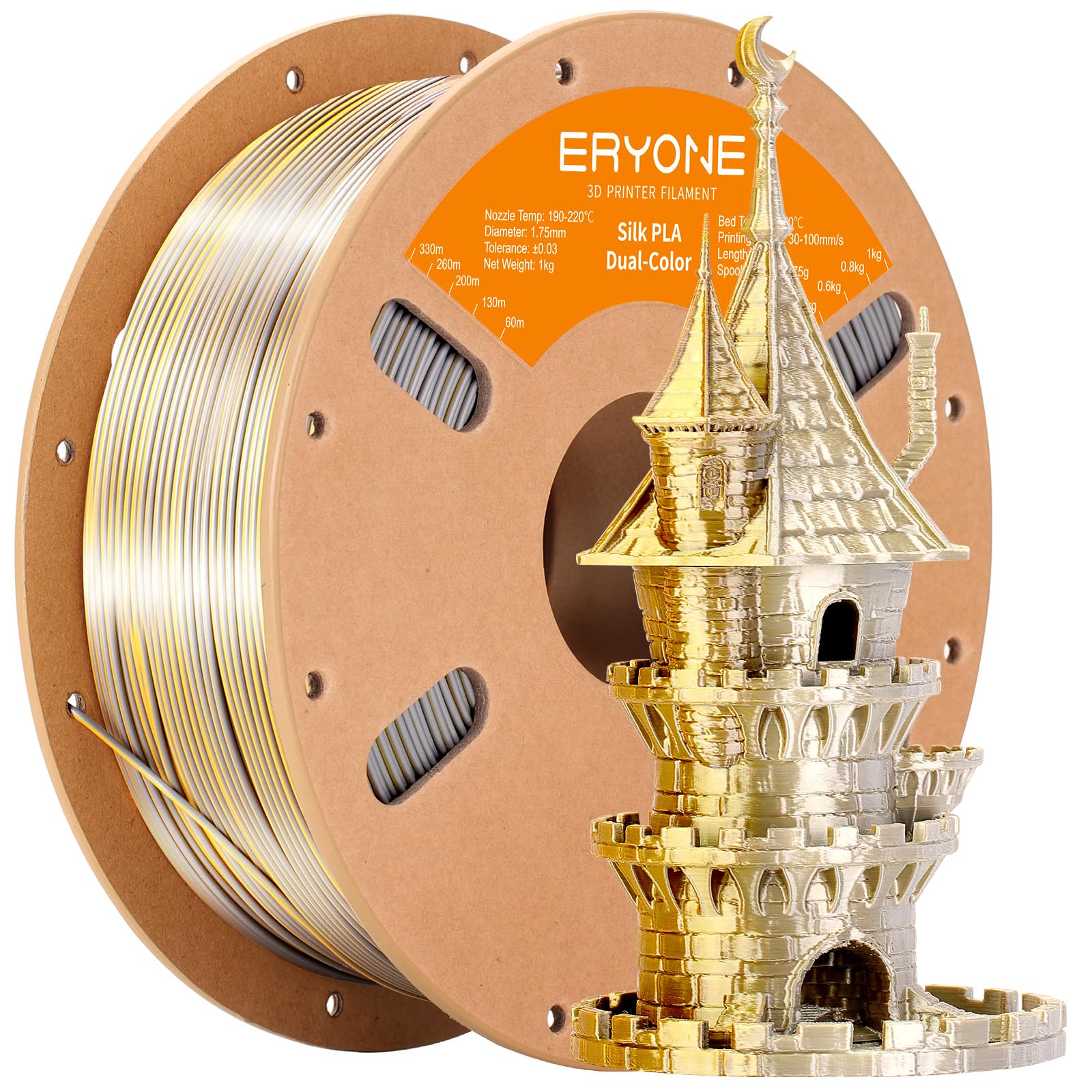 Eryone Silk Dual-Color PLA Filament 1.75mm, 3D Printer Filament PLA, Dimensional Accuracy +/- 0.03mm, 1KG Spool, Silk Gold&Silver