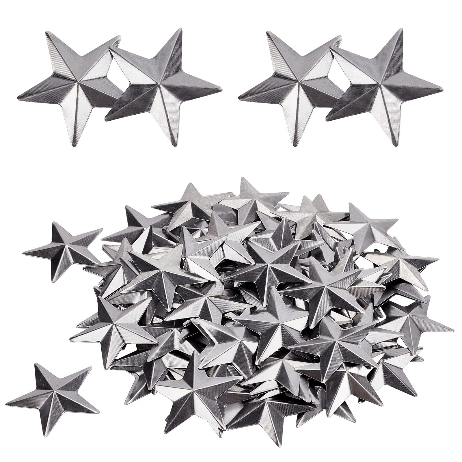 GORGECRAFT 100PCS 2" Primitive Silver Metal Star Vintage Rustic Galvanized Stars Three Dimensional Christmas Tree Stars for Hanging Wall Holiday Wreath Decor Craft Handmade Accessory