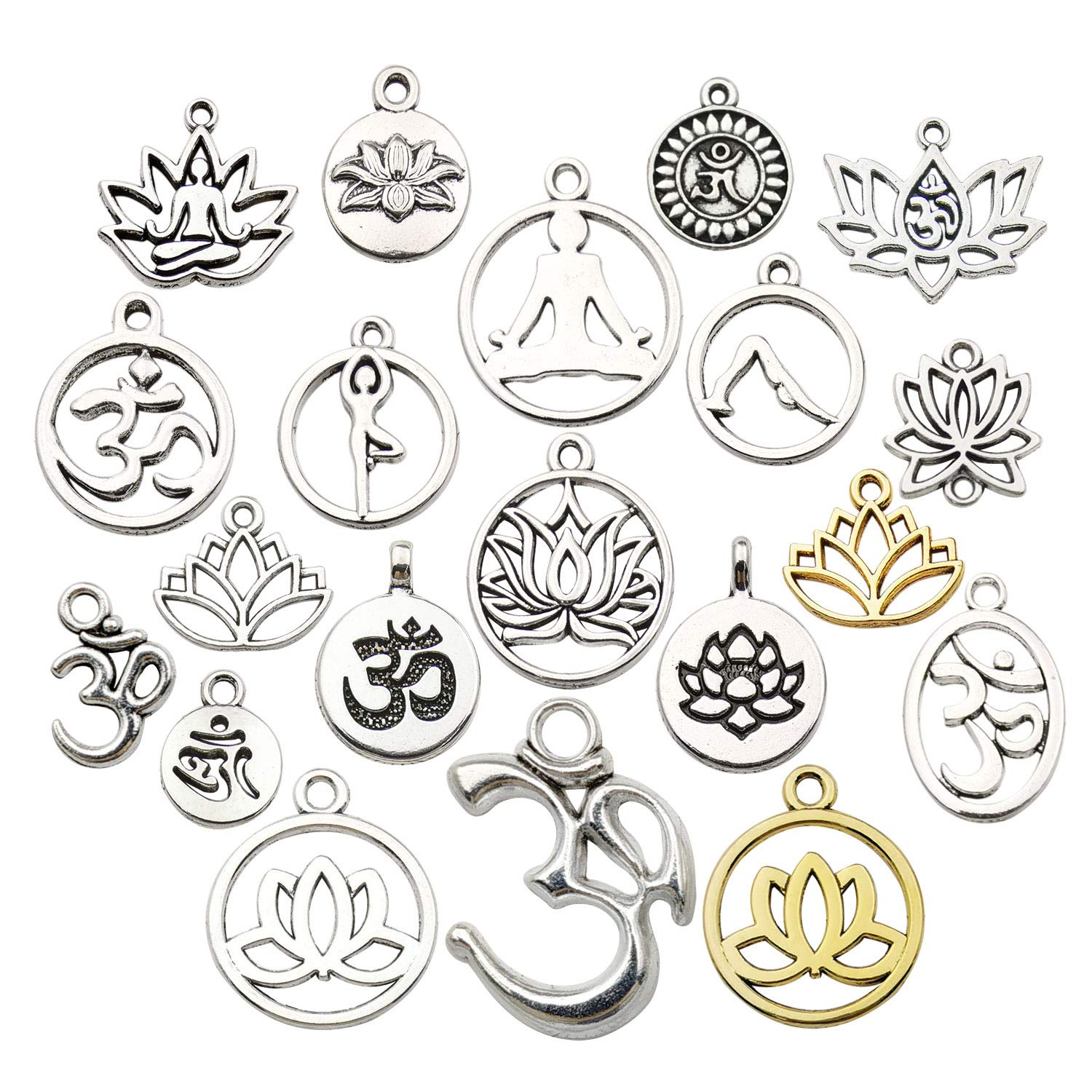 YoudiylaUK Wholesale 80 Pieces Silver Mixed Yoga OM Lotus Flower Styles Charms Pendants DIY for Jewellery Making Necklace Bracelet WM294