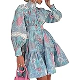 xxxiticat Women's Floral Print Ruffle Dress Long Lantern Sleeve High Neck Button Down Flared Lace Up Bandage Mini Dress