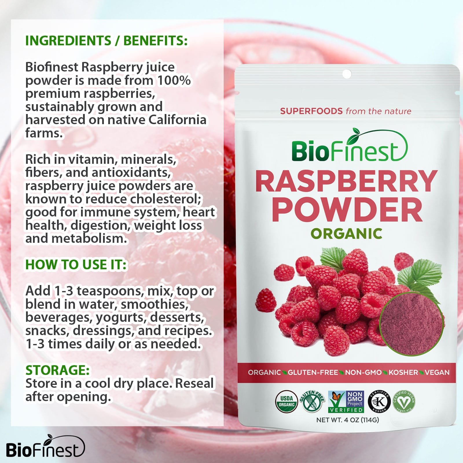 Biofinest Raspberry Juice Powder 100 Pure FreezeDried Antioxidants