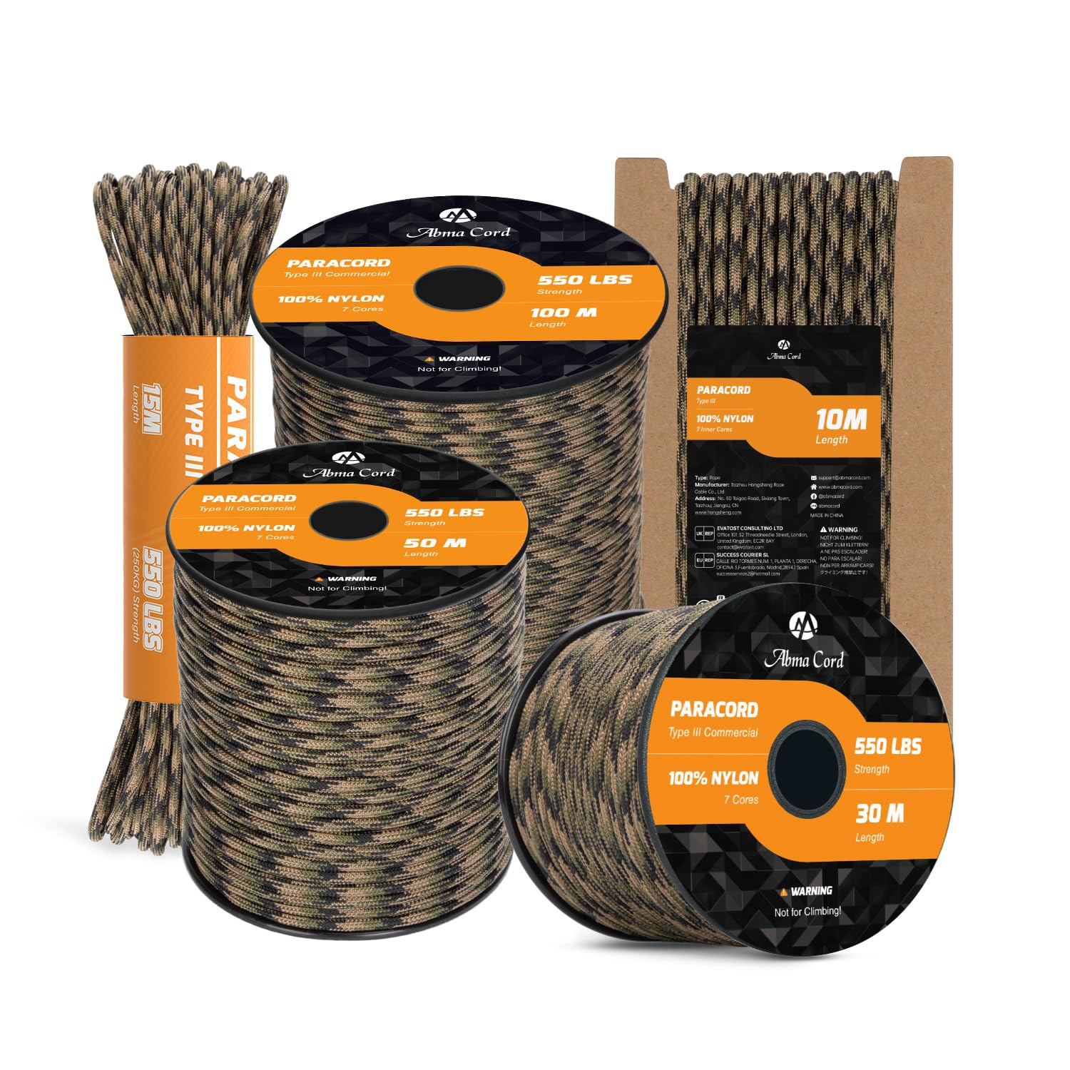 Abma Cord Paracord 550 4mm 30m 100% Nylon Rope Type III 7 Strands Parachute Cord for DIY, Camping, Survival, Outdoor - Max. 250kg - Tactical Camo — image 1