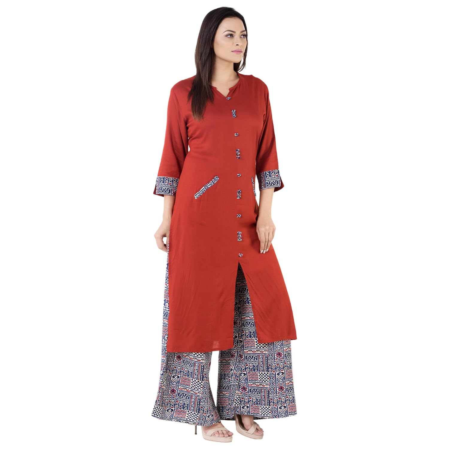 khushal women's printed kurta with palazzo set (k69-parent_red)