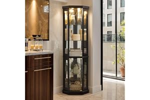 CKEASEAN Corner Curio Cabinet, 70" H Lighted Glass Display Cage with Tempered Glass Doors and 5 Adjustable Shelves, Bulb Inclued, Wine Bar China Cabinet for Living Room Liquor Storage (Black)