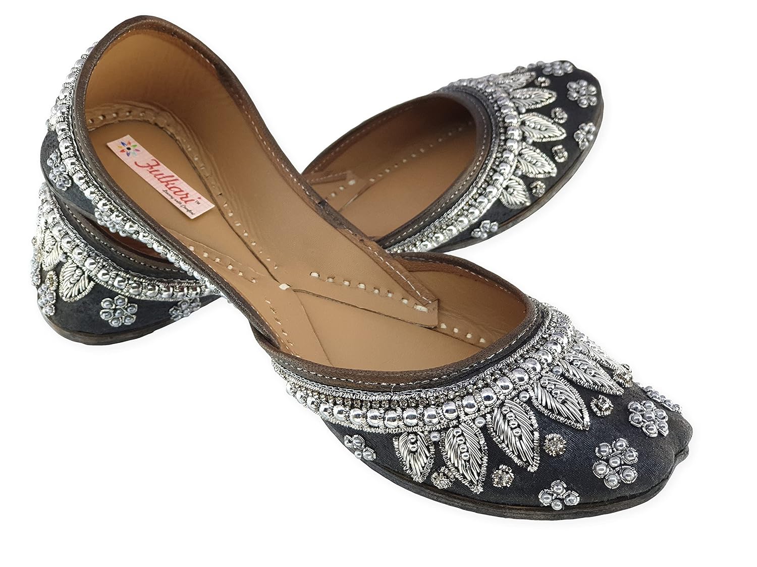 Fulkari Women's Pearl Beads Payal Genuine Soft Leather Jutis Bite and