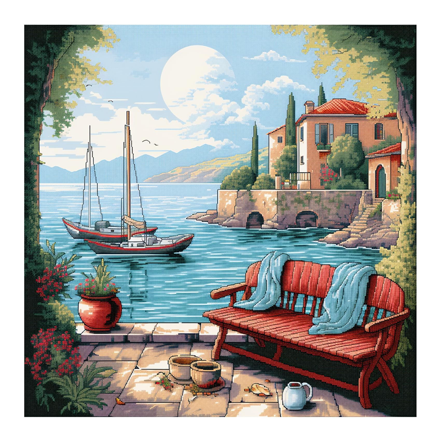 Cukol Cukol 11ct Cross Stitch, 11 Count Counted Stamped Pre Printed Cross Stitch Embroidery Kits for Adults Beginners Starter Advanced Easy Crossstitch Shore Landscape Pattern Set Needlepoint 16x16 IN