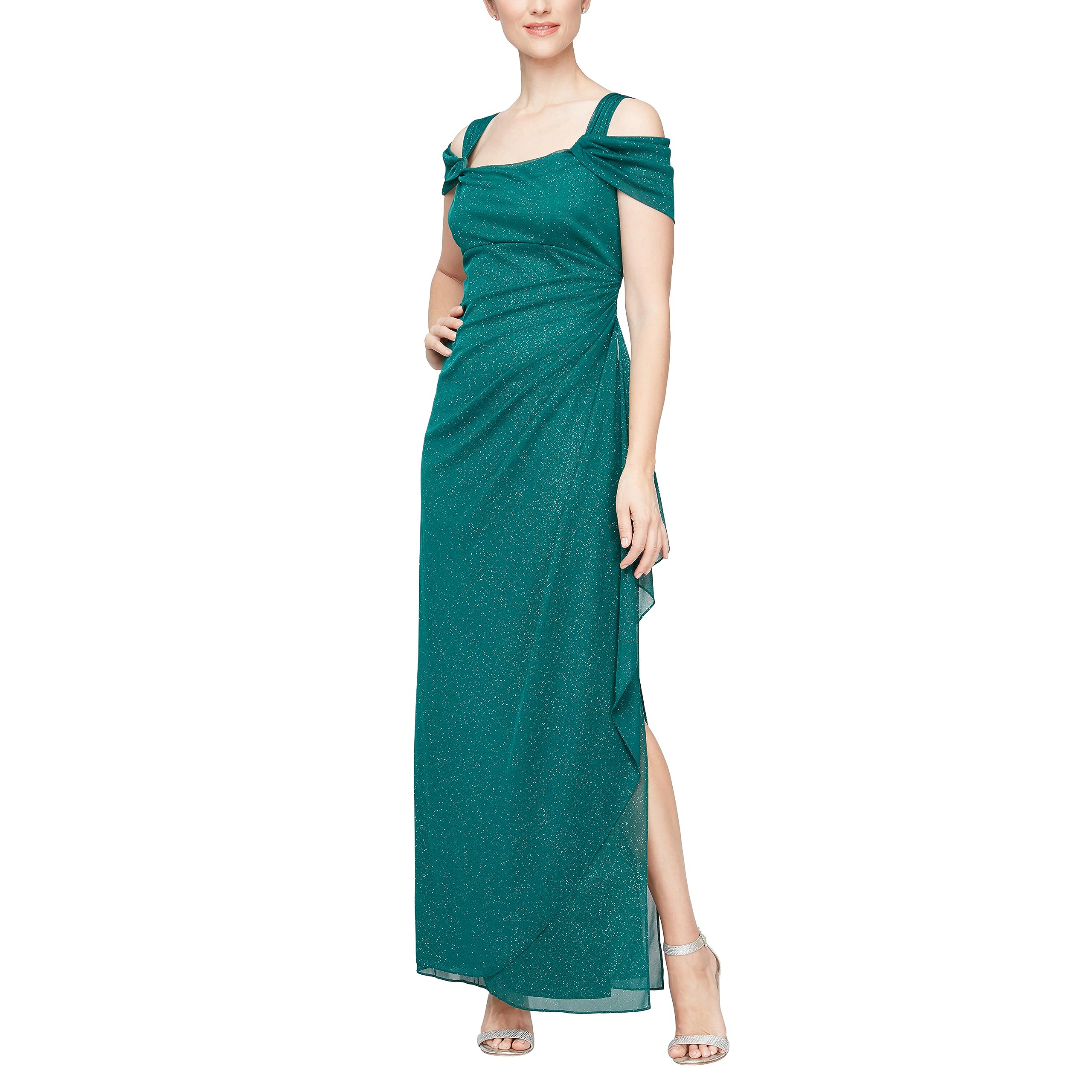 Alex Evenings Women’s Long Cold Shoulder Glitter Mesh Gown with Cowl Neckline, Emerald Green, 4