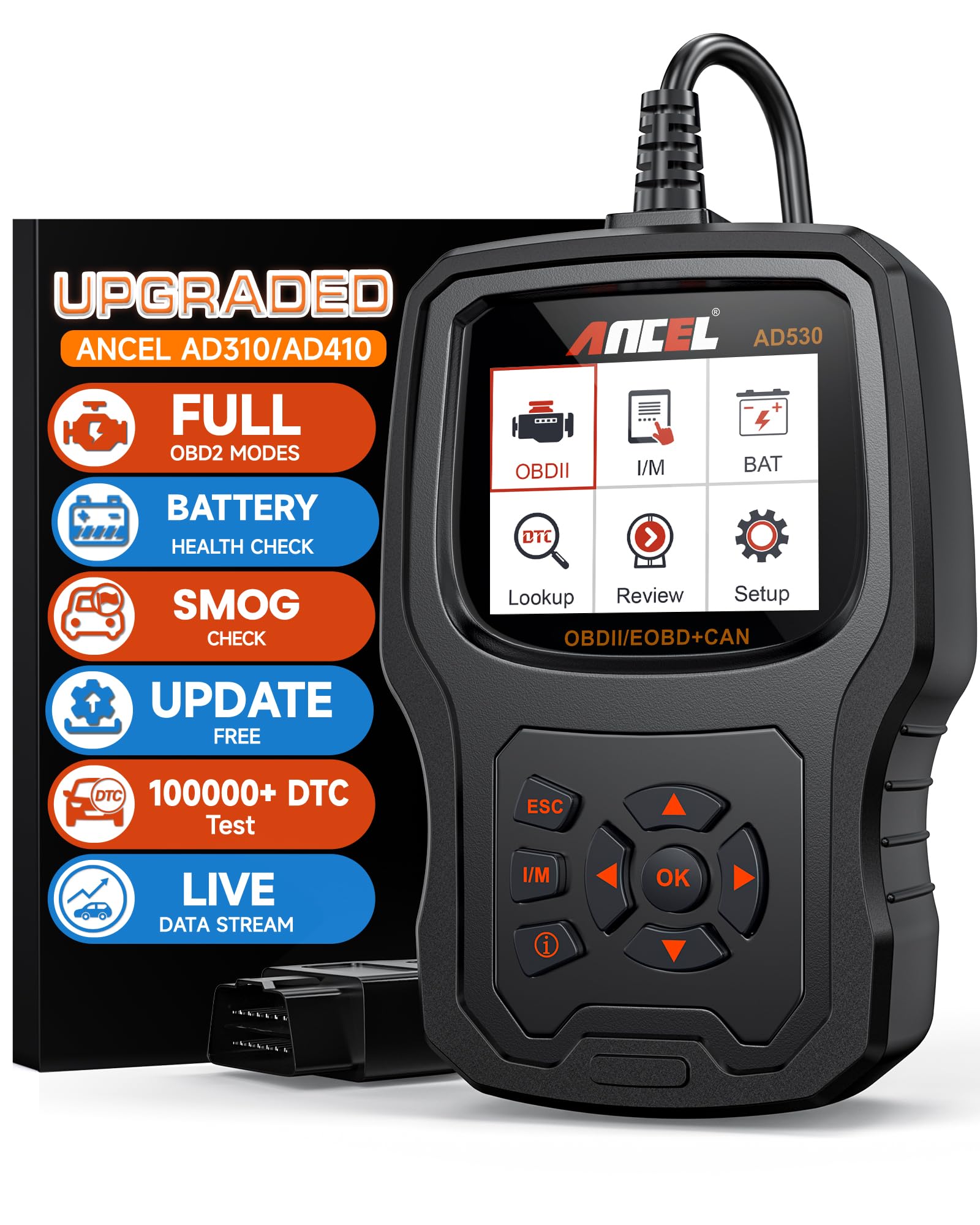 ANCEL (Upgraded AD310) AD530 Car Diagnostic Scan Tool, Vehicle OBD2 Scanner Code Reader, Check Engine Light, Smog Emission Test, O2 Sensor Test, EVAP and Upgraded Graphing Battery Status