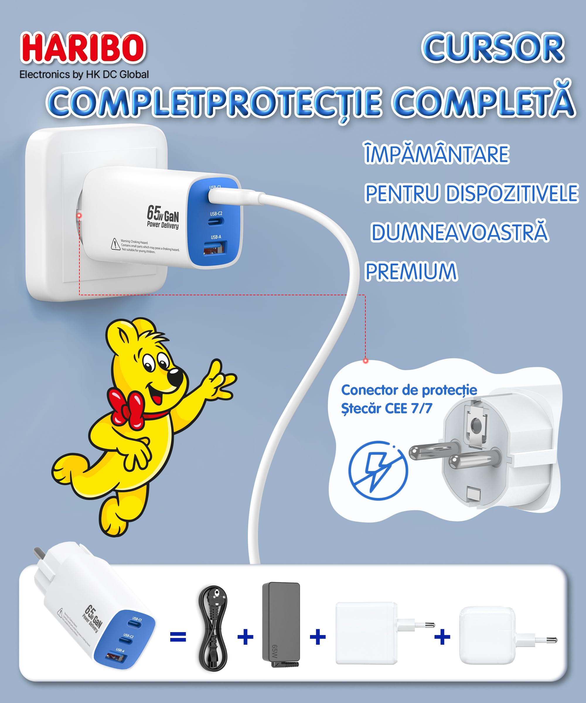HARIBO 65W USB C Ladegerät 3-Port GaN, Schnellladegerät mit Schuko-Stecker 6
