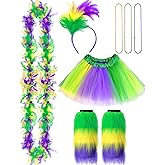 8 Pcs Mardi Gras Costume Accessories Set, Includes Feather Fascinator Headband Yellow Purple Green Tutu Skirt Bead Necklaces Furry Leg Covers and Feather Boa for Women Girls Festival Events Party
