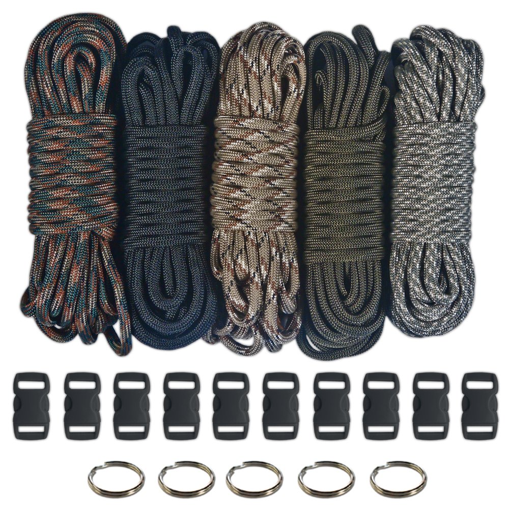 Paracord 550 Kit - Five Colors Olive Drab, Acu, Woodland Camo, Desert & Black 100 Feet Total W/10 3/8" Black Side Release Buckles 5 32Mm Key Rings