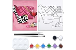 VOCHIC Canvas Painting Kit Pre Drawn Canvas for Painting for Adults Party Kit Paint and Sip Party Supplies 8x10 Canvas to Paint Girl High Heel Glass Bag Lipstick 8 Colors,3 Brush,1 Pallet Art Set