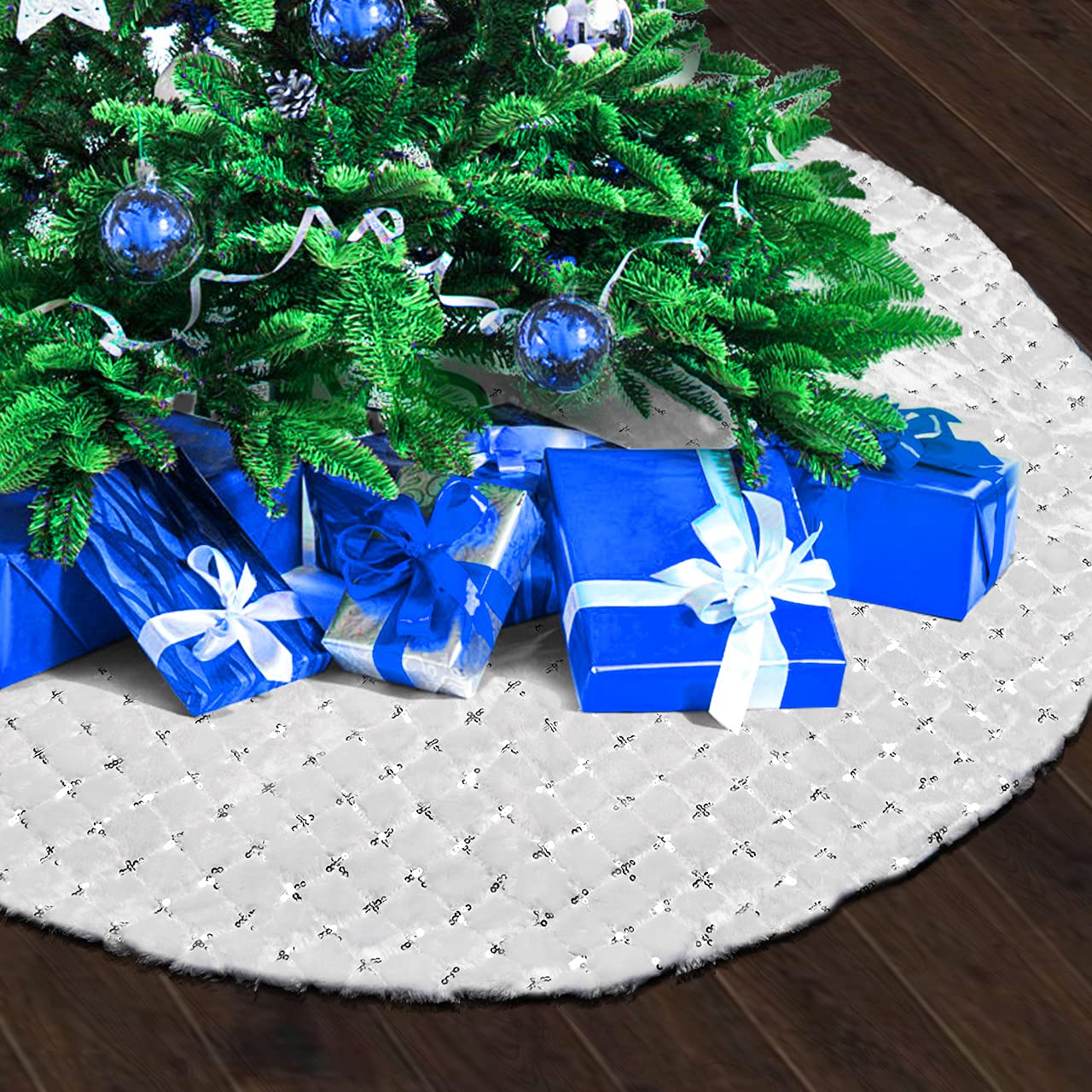 DecroXmas Christmas Tree Skirt 30 Inches Blue Faux Fur With Sliver Glitter Snowflake Xmas Tree Mat Base for New Year Party Decoration (Silver cross, 48 inches)