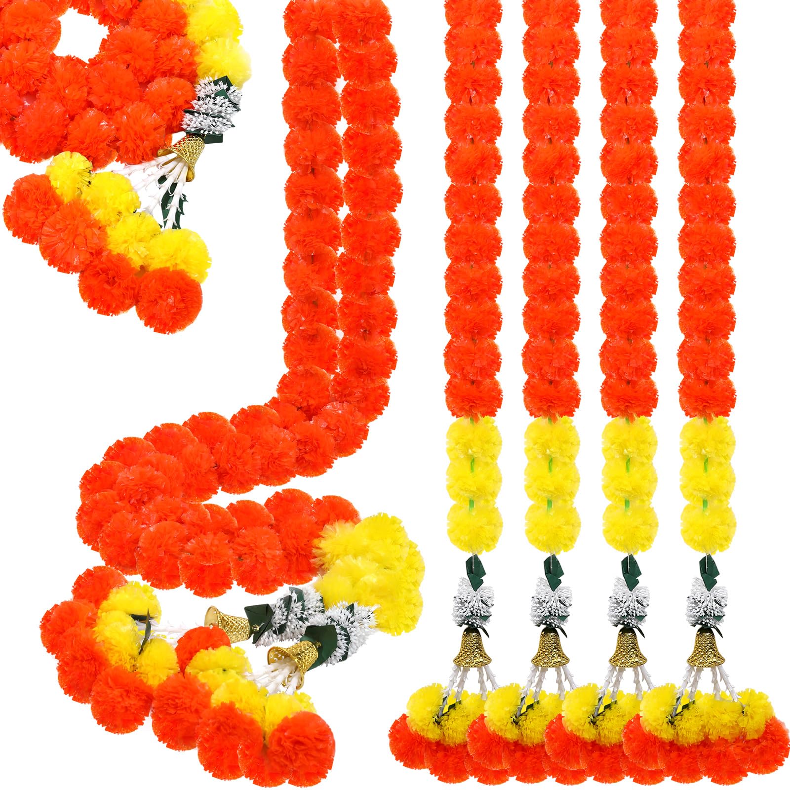 Photo 1 of 5 Pcs Marigold Garland for Decoration 5 Feet Long Artificial Marigold Flowers Traditional Indian Decor Long Strands Faux Garlands for Diwali, Pooja, Wedding, Events, Halloween Decor (Dark Orange)