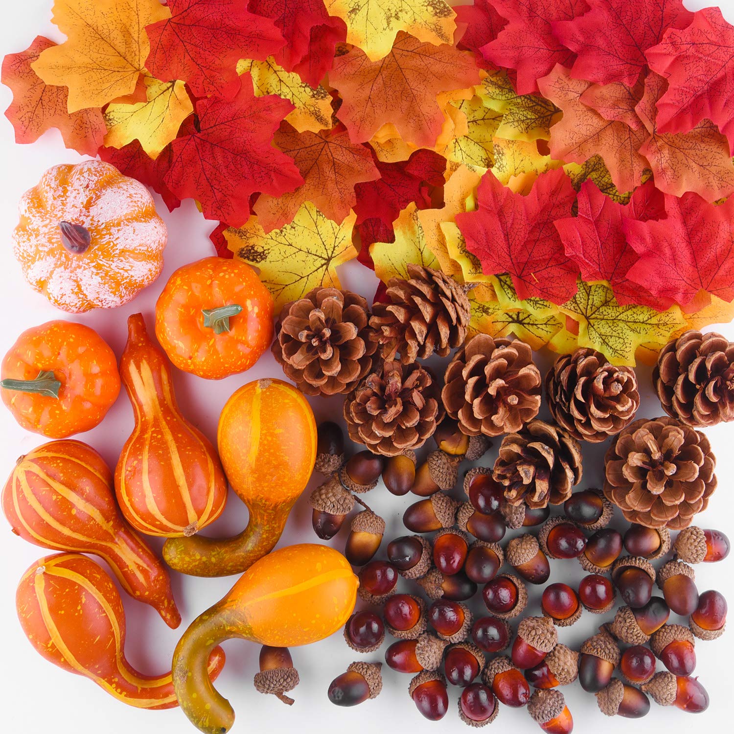 FEPITO 96 Pcs Fall Thanksgiving Decorations, Mini Artificial Pumpkins, Pine Cones Fall Leaves, Acorns for Fall Party Decorations, Autumn Decorating Kit Halloween Thanksgiving Party Suppliesty Supplies