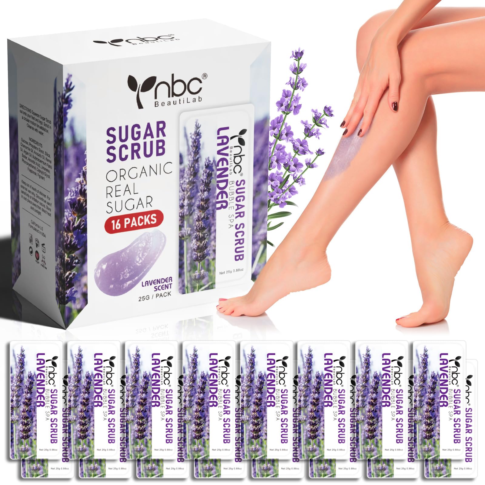 nbc BeautiLab Exfoliating Body Scrub for Rough, Bumpy & Dull Skin, Individually Packaged Natural Sugar Scrub Provides Lasting Nourishment,16 Packs, Lavender Scent