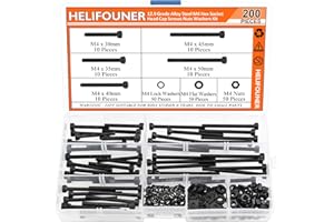 HELIFOUNER 200 Pieces M4 x 30mm /35mm /40mm /45mm /50mm, Hex Socket Head Cap Metric Screws Bolts Washers Nuts Kit, 12.9 Grade Alloy Steel, Fully Threaded, Black
