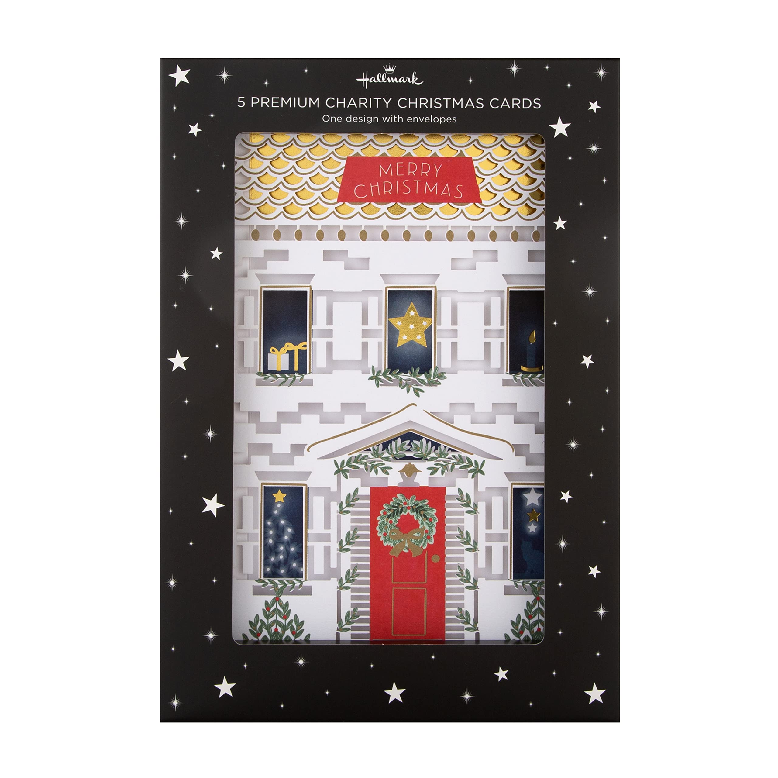 Hallmark Charity Christmas Cards, Pack of 5 White House with Festive Decorations, Pop Up Christmas card, White, Gold