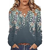 Zeagoo Fall Tops for Women Long Sleeve Button Up Shirts Floral Tunics V Neck Pullover Blouse
