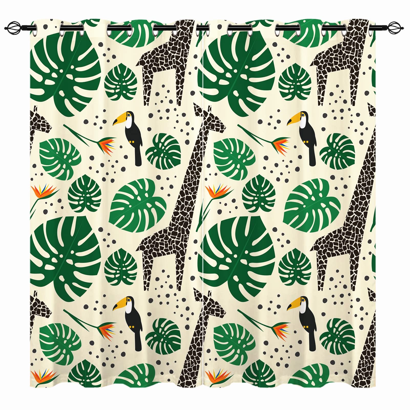 YUANZU Giraffe Curtains - Toucan Tropical Plants Palm Leaves Jungle Safari Animals Print Pattern Eyelet Blackout Thermal Insulated Window Drapes for Bedroom Living Room 2 Panels W117cm x D137cm