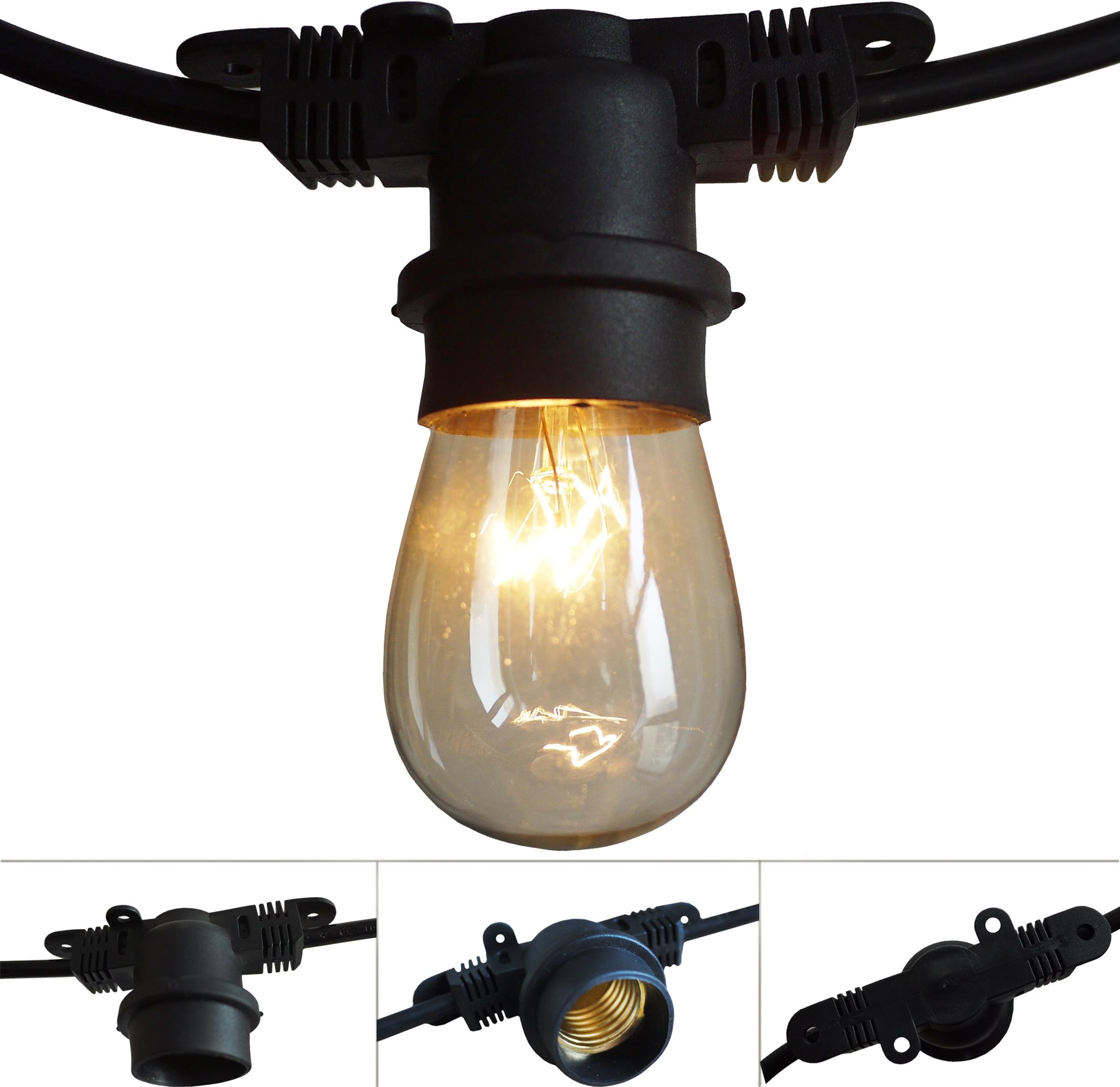 WISLIGHT 26 FT Commercial String light Outdoor Bulb String Lights Weatherproof - 10 encapsulated Sockets with 15 S14 Brass Based Incandescent Bulbs