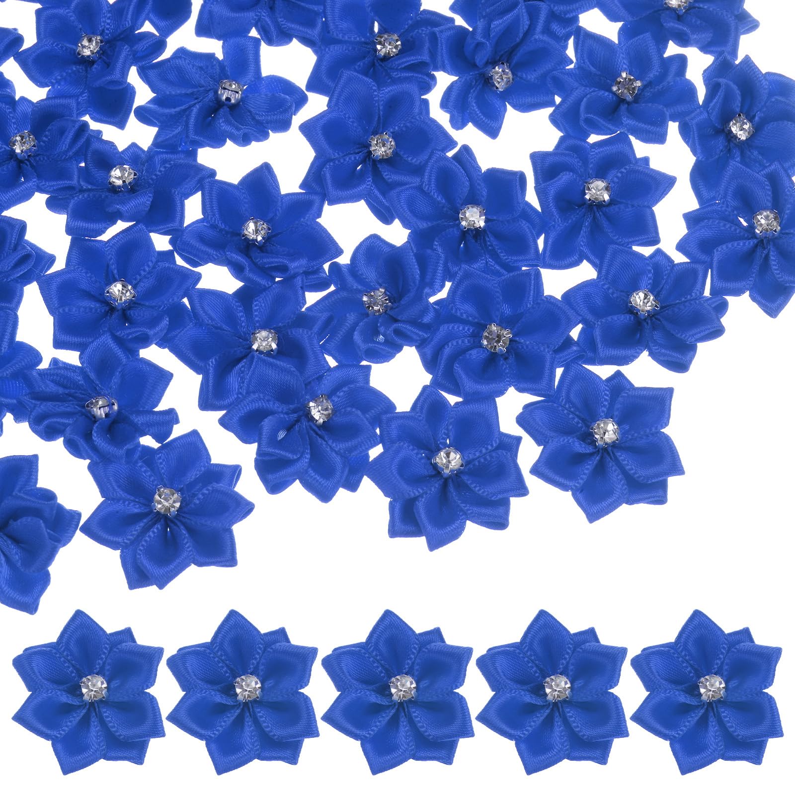 M METERXITY 150-pack Satin Ribbon Flowers, 1.2 Inch Mini Fabric Flowers with Rhinestones Flower Ribbon Appliques for Crafts DIY/Wedding/Ornament/Party/Home [Sapphire Blue]