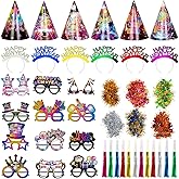 New Years Eve Party Supplies 2026, 42Pcs Colorful Happy New Year Party Decorations Kit Includes Happy New Year Cone Hats Tiaras Wreath Noise Makers Paper Glasses