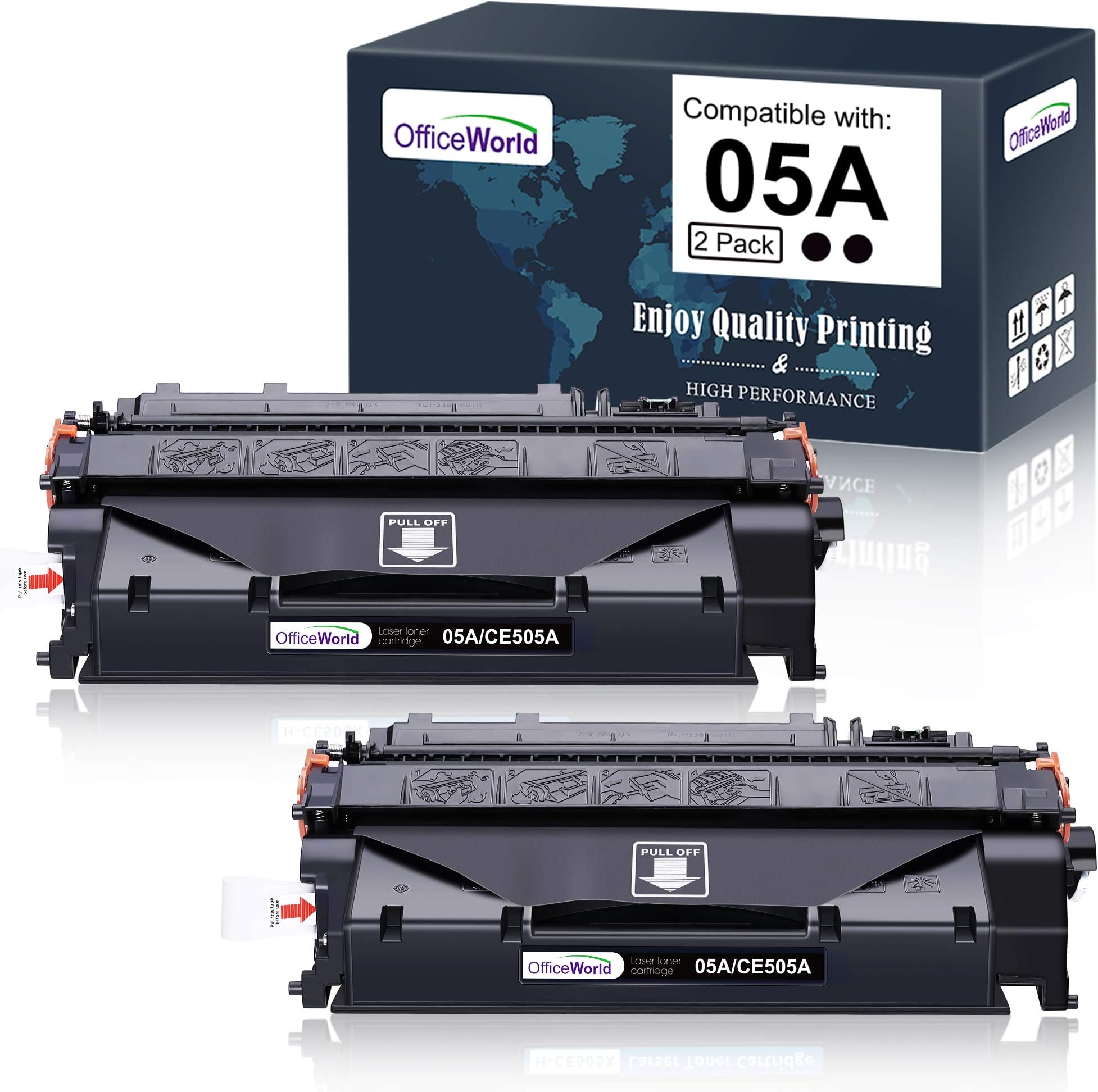 OfficeWorld Compatible Toner Cartridge Replacement for HP 05A CE505A (Black, 2-Packs), Work with Laserjet P2035 P2055dn P2035n P2055d P2055x Printer